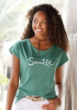 Beachtime T-Shirt, Mit Modischem Frontdruck "Smile" -Bikini Mode Geschaft 1a1b92fb77c5c01427367d679f318423