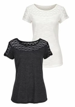 Vivance T-Shirt, (2er-Pack), Mit Weicher Häkelspitze